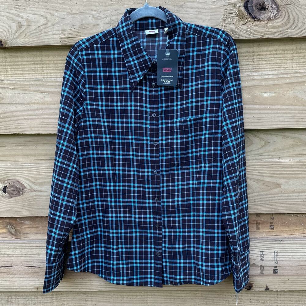 NWT Levi’s The Everyday Plaid Women’s Blouse, Brown & Blue Button Down, Size L